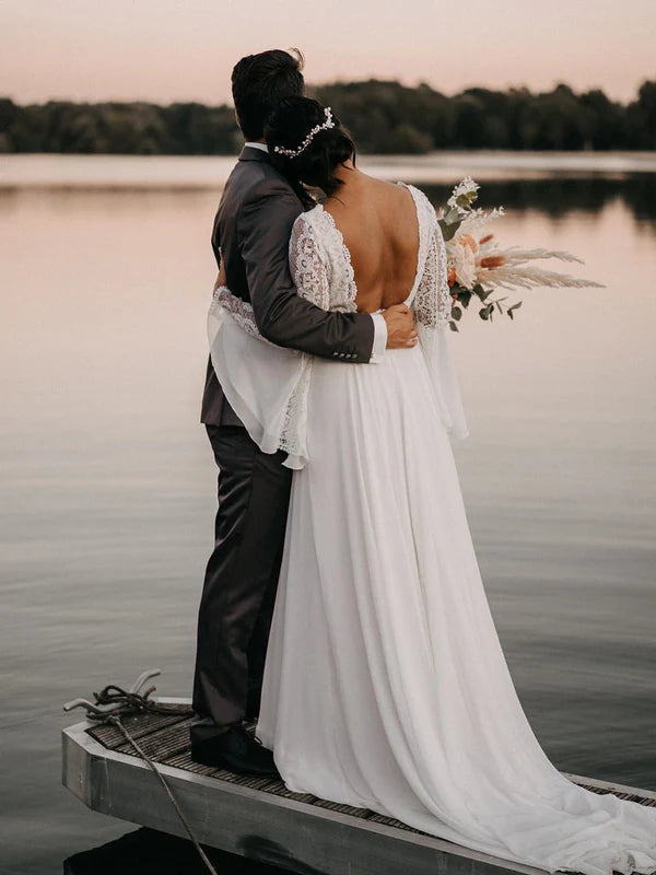 Luolandi Vintage Mandarin Sleeves Chiffon V-Neck Wedding Dresses Backless Bridal Gowns Elegant